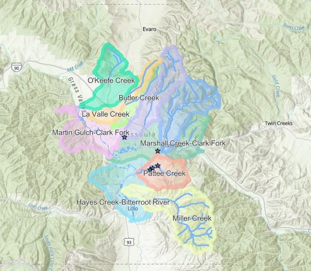Snip of the Missoula watersheds on map