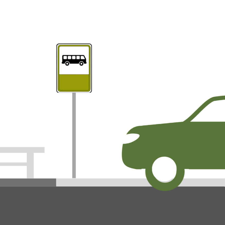 A vehicle is parked in the bus zone, with a sign, bench, and painted curb