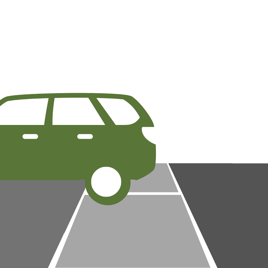 The rear bumper of a vehicle is blocking the sidewalk